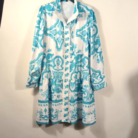 LUNE Allover Print Shirt Dress Size Large | Belted Tie Waist Midi | Day to Night - Picture 11 of 15